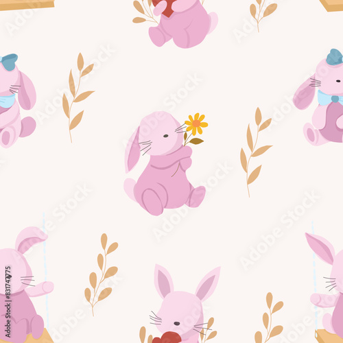 Cute Pink Rabbit Cartoon Seamless Pattern