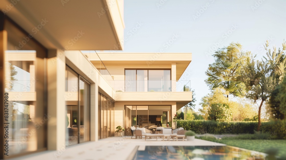 Fototapeta premium Modern beige villa with poolside on left, blurred garden background on right for real estate advertising.