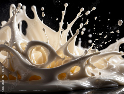 milk splashes isolated against various colored backgrounds. Use lighting and shadow to enhance the three-dimensional quality