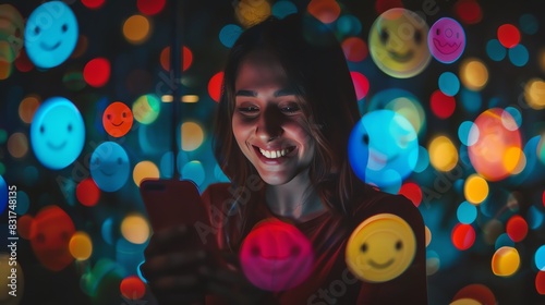 Young woman using smartphone surrounded by colorful smiley faces, representing social media and digital communication connections.