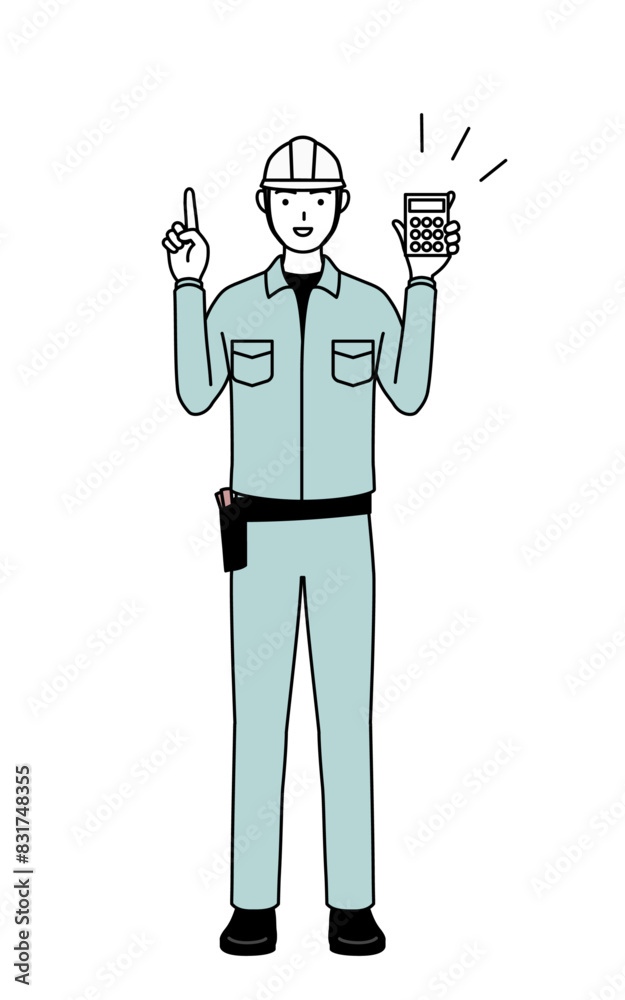 Man in helmet and workwear holding a calculator and pointing. Man in helmet and workwear holding a calculator and pointing.