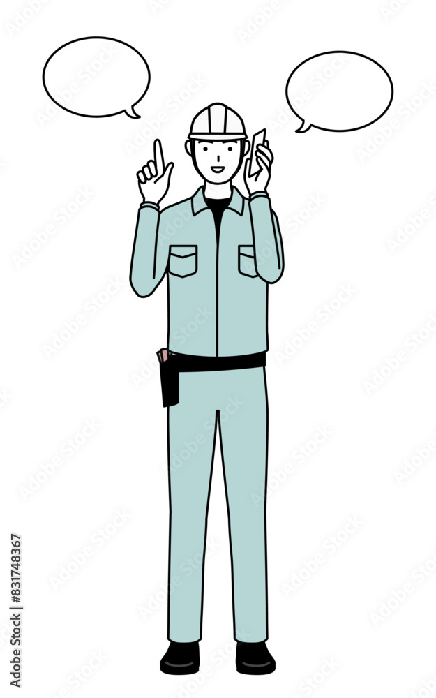 Man in helmet and workwear pointing while on the phone. Man in helmet and workwear pointing while on the phone.