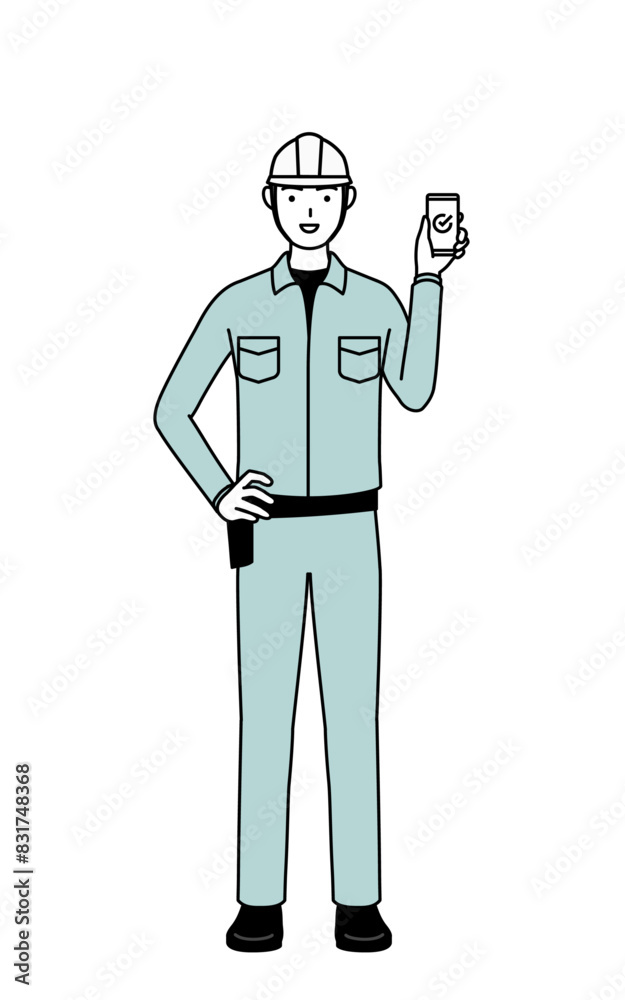 Man in helmet and workwear using a smartphone at work. Man in helmet and workwear using a smartphone at work.