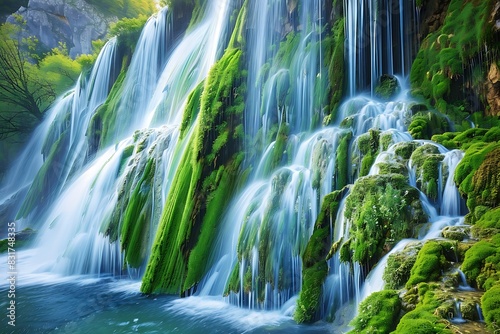 A majestic waterfall cascading down moss-covered rocks.
