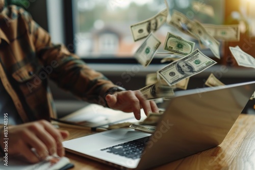Closeup view of man using laptop at table and flying dollars. Making money online concept