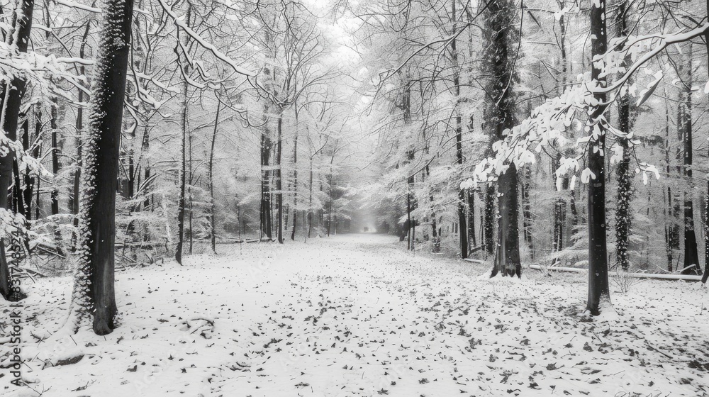 Monochrome winter forest with snow covered trees and fallen leaves Monochrome winter forest with snow covered trees and fallen leaves