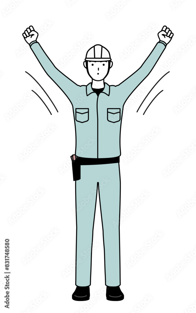 Man in helmet and workwear doing radio calisthenics, preparation for accident prevention Man in helmet and workwear doing radio calisthenics, preparation for accident prevention