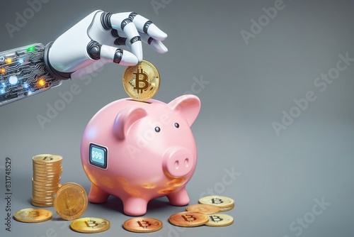 Artificial intelligence hand putting bitcoin to piggy bank crypto currency technology savings copy space