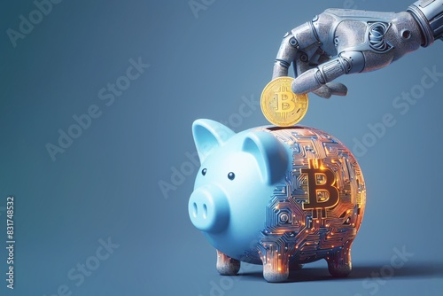 Artificial intelligence hand putting bitcoin to piggy bank crypto currency technology savings copy space