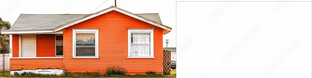 Quaint orange bungalow on the left, plain white background on the right for text, suburban setting Quaint orange bungalow on the left, plain white background on the right for text, suburban setting