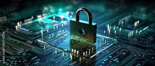 Cybersecurity with digital lock and data streams, encryption theme,