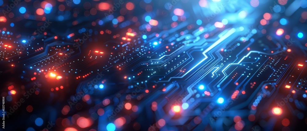 Fototapeta premium Abstract tech patterns with glowing elements, blue and white tones, digital feel, copy space,