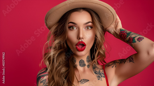 Portrait of gorgeous glam tattooed lady with long wavy hair and beautiful make up holding her trendy fedora hat for it not to be blown away by the wind. Her mouth open with surprise ai generative