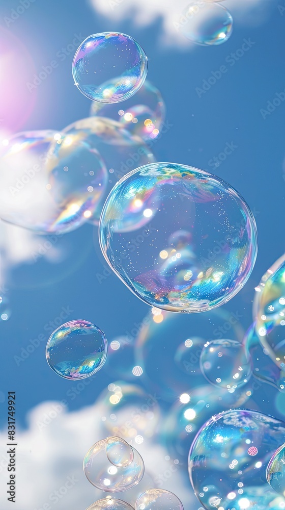 Iridescent soap bubbles floating against a sunny sky