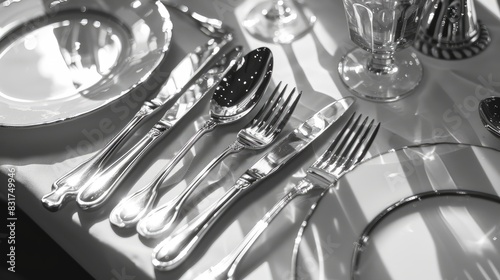 Polished silverware set on a glossy dining table
