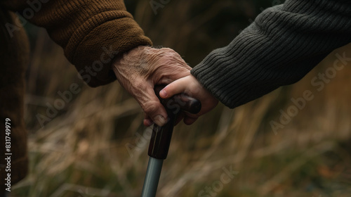 The warmth and tenderness of the moment are captured as a child's hand gently holds an old man's hand gripping a cane