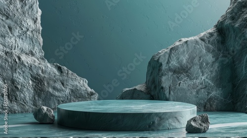 Amidst rocks, minimalist stone pedestal display contrasts against textured backdrop
