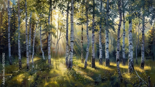 Morning sunlight shining through a grove of birch trees