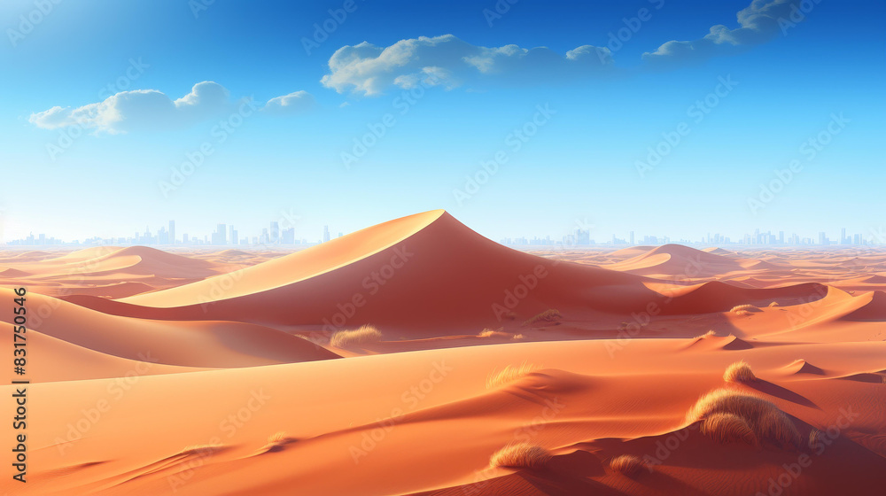 Naklejka premium Dynamic desert landscape illustration with detailed sand dunes, clear blue sky, and clean background.