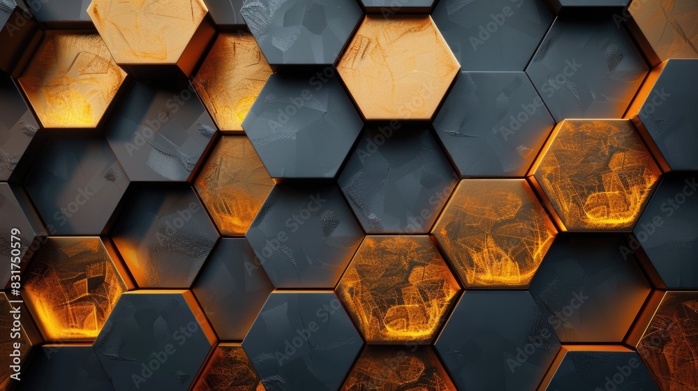 Abstract futuristic luxurious digital geometric technology hexagon background banner illustration 3d - Glowing gold, brown, gray and black hexagonal 3d shape texture wall Abstract futuristic luxurious digital geometric technology hexagon background banner illustration 3d - Glowing gold, brown, gray and black hexagonal 3d shape texture wall
