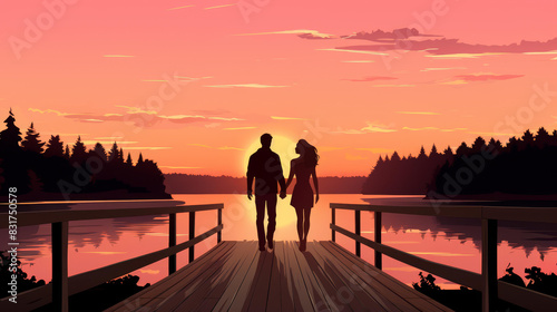 Romantic couple on bench watching sunset by lake. Peaceful and serene moment captured in tender illustration. photo