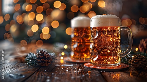 Close-up of two beer mugs clinking, featuring holiday-themed coasters and festive lights in the background, detailed textures, warm and lively, high-definition image, 16:9 ratio