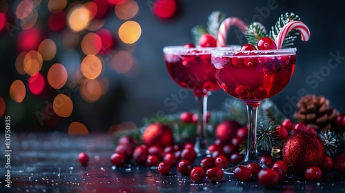 Close-up of two cocktail glasses clinking, featuring seasonal garnishes like candy canes and cranberries, blurred background with holiday decorations, vibrant and celebratory. photo
