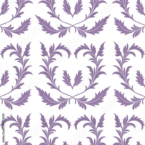 Seamless tile pattern of acanthus leaf patterns on a pale lavender background