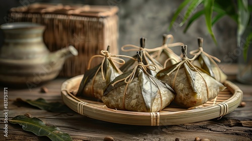 A bamboo plate with triangular dumplings made of rice and millet flour wrapped in leaves, tied at the top with rope, on a simple background. Generative AI. photo