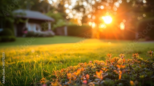 Beautiful manicured lawn and flowerbed with deciduous shrubs on private plot and track to house against backlit bright warm sunset evening light on background. Soft focusing in foreground. 