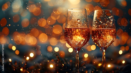 Crystal glasses clinking close-up, focusing on the delicate glass patterns, elegant ambiance, soft bokeh lights in the background, sparkling and refined, high-resolution image, 16:9 ratio  photo