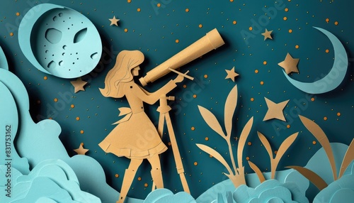 With a telescope in hand, a paper woman explores the mysteries of the cosmos, her curiosity boundless.