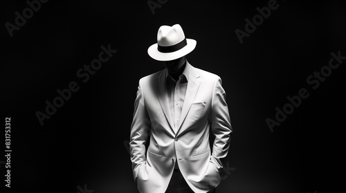 A man in a suit and hat is standing in front of a black background. Concept of elegance and sophistication, as the man is dressed in formal attire and wearing a hat