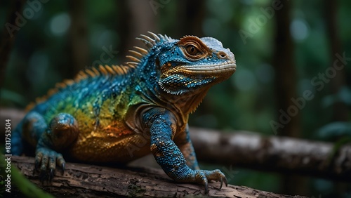 portrait of a beautifully patterned iguana relaxing on a tree trunk with a blurred background