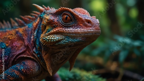 portrait of a beautifully patterned iguana relaxing on a tree trunk with a blurred background