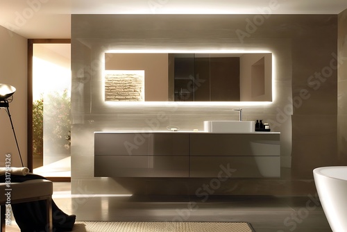 A modern minimalist bathroom with a floating vanity and backlit mirror.