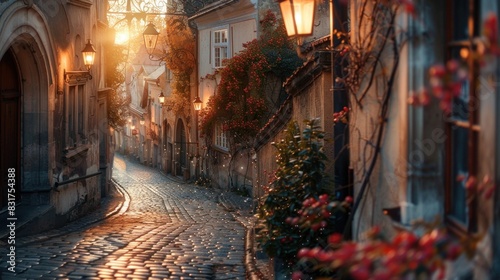 A charming cobblestone street winding through an ancient European town, its historic buildings bathed in the warm glow of street lamps. photo