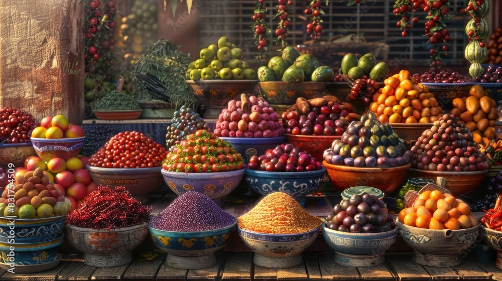 A colorful array of exotic fruits and spices at a bustling market, each item captured with vivid detail and vibrant hues, tempting the senses.