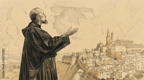 Preaching in Medieval City, St. Vincent Ferrer, Biblical Illustration, Beige Background, Copyspace photo