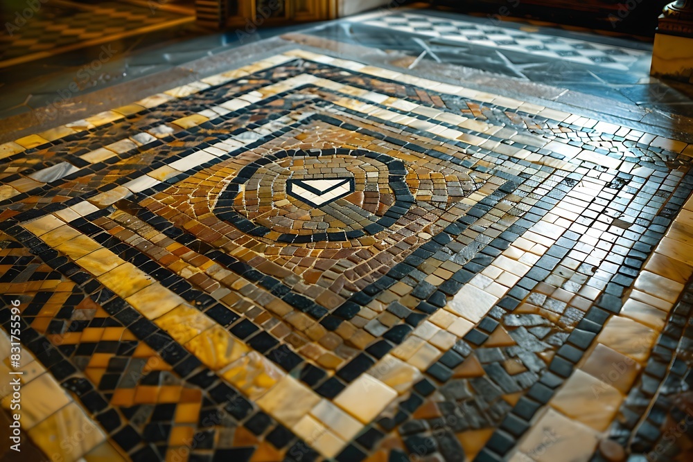A mosaic floor with tiles arranged to depict an email icon