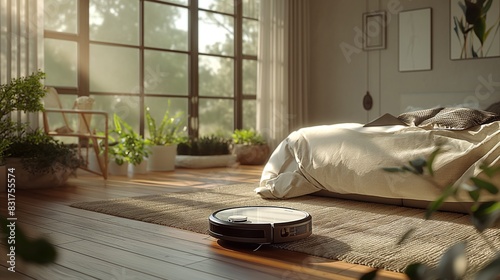 Modern Bedroom with Robotic Vacuum and Natural Light photo