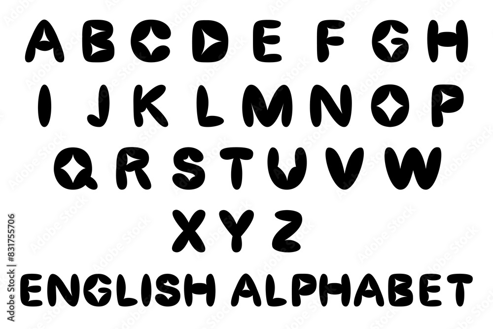 English alphabet in cartoon groove style. Letters blown up like a balloon. Modern font design for posters and banners. Vector illustration isolated on transparent background. English alphabet in cartoon groove style. Letters blown up like a balloon. Modern font design for posters and banners. Vector illustration isolated on transparent background.