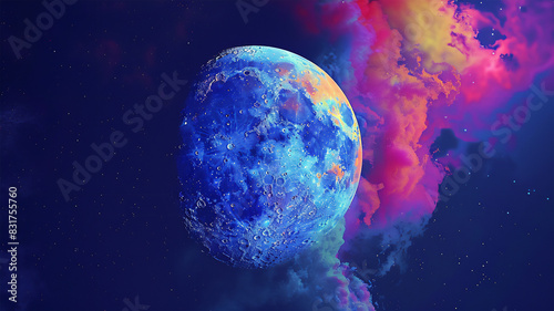 Moon in the night sky, LSD visualization effect and LED oil . abstract composition of celestial body.