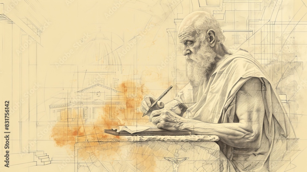 Fototapeta premium Writing of St. Jerome of Stridon in 4th-Century Church, Biblical Illustration, Beige Background, Copyspace