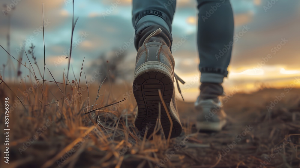 Low angle shot of shoes running at nature outdoor twilight sky Low angle shot of shoes running at nature outdoor twilight sky