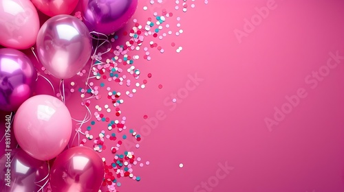 Carnival Atmosphere Fills Minimalist Fuchsia Backdrop with Balloons Streamers and Confetti