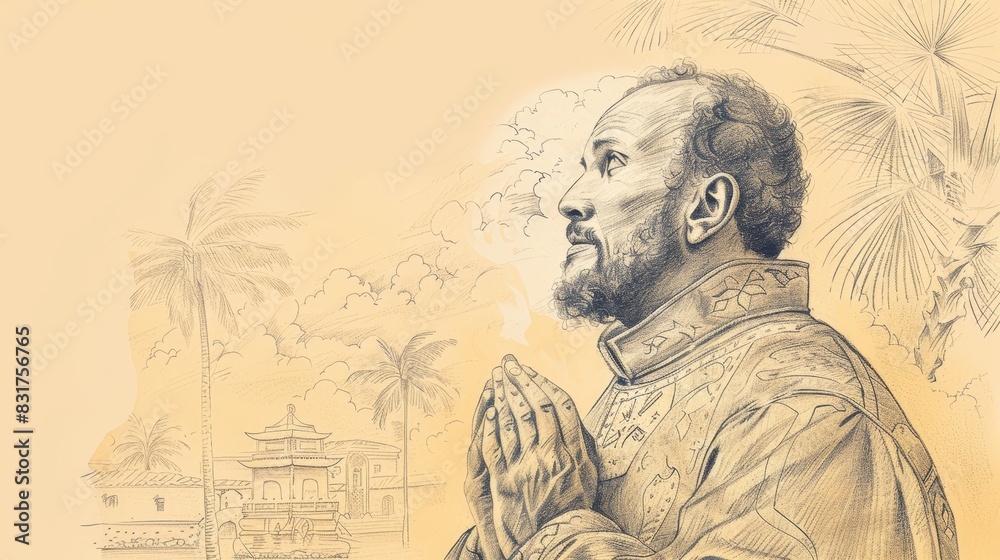 Fototapeta premium St. Francis Xavier Preaching with Exotic Asian Landscapes, Biblical Illustration, Beige Background, Copyspace