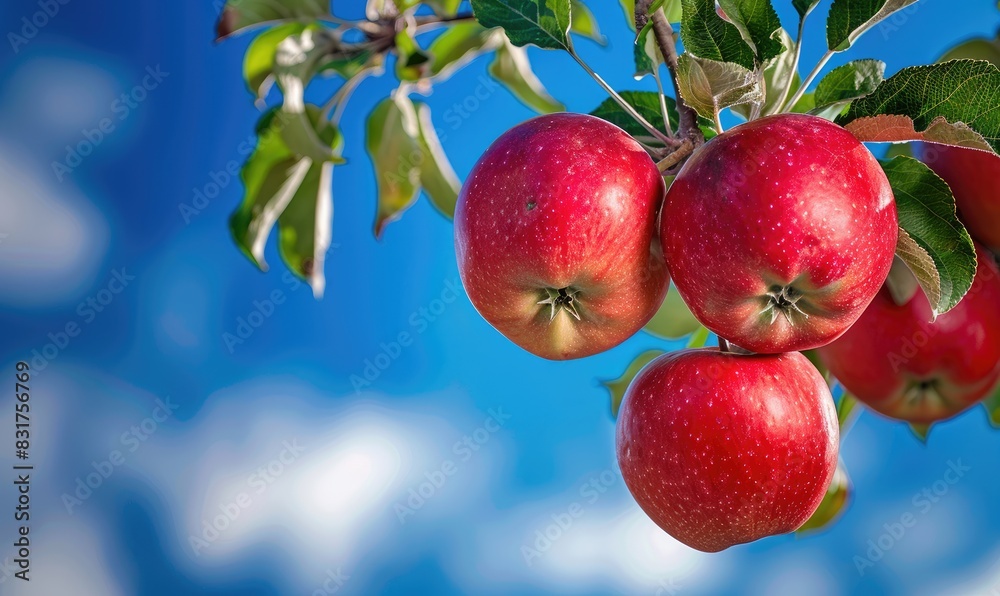 red apples on a tree with a backdrop of a clear blue sky and fluffy clouds, signifying fresh harvest. red apples on a tree with a backdrop of a clear blue sky and fluffy clouds, signifying fresh harvest.