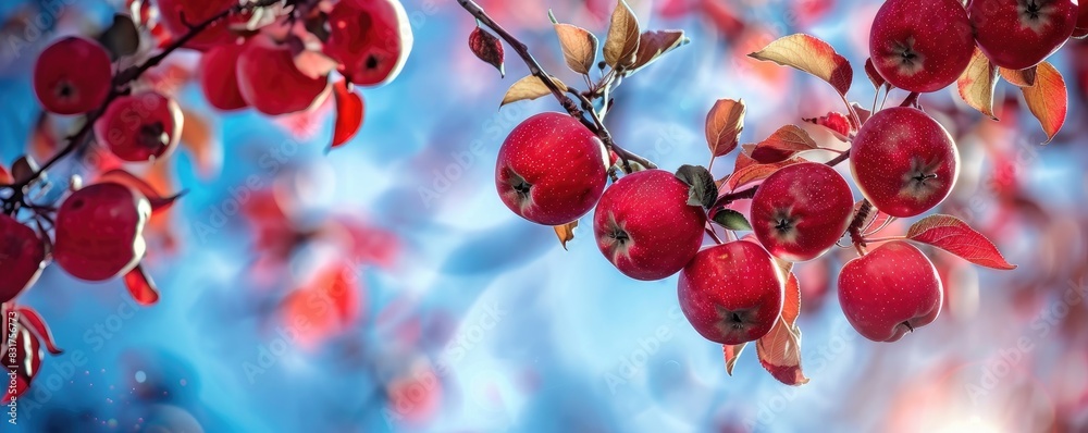 red apples on a tree with a backdrop of a clear blue sky and fluffy clouds, signifying fresh harvest. red apples on a tree with a backdrop of a clear blue sky and fluffy clouds, signifying fresh harvest.