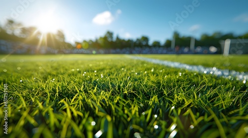 Lush green grass football field under bright sunlight, with blurred spectators in the background photo